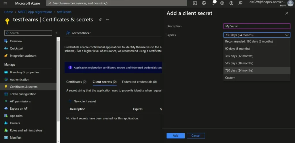 Generate client secret via new button